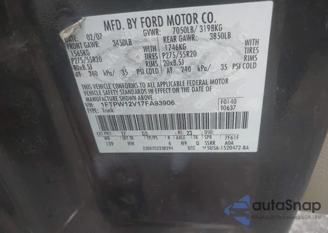 2007 Ford F-150 Lariat/Xlt из США, поврежденный, VIN 1FTPW12V17FA93906